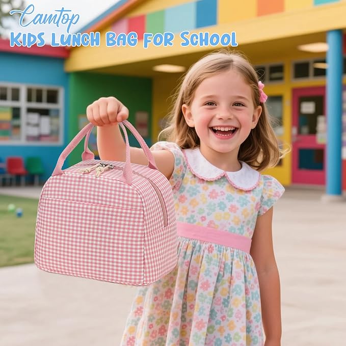 CAMTOP Lunch Box Kids Insulated Lunch Bag Large Reusable Leakproof Cooler Lunch Bags for Boys Girls School Travel Picnic (Pink and White Checkered)