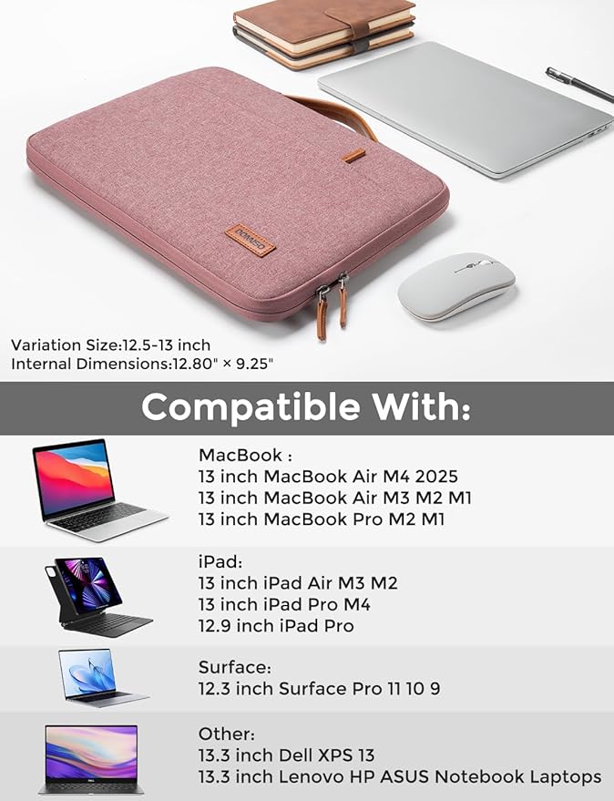 DOMISO 13.3 inch Laptop Case Sleeve Protective Cover Compatible with 14 inch MacBook Pro M4 M3 M2/MacBook Pro Max,13-13.3 inch Dell,Lenovo, HP,Waterproof Computer Cases Bag with Handle,Pink