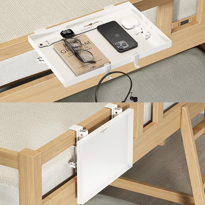 Magheo Bedside Shelf Foldable, Metal Clip-On Bunk Bed Table Shelf for Top Bunk Heavy Duty Bed Side Table Tray for College Dorm Room Essentials, Loft Nightstand Organizer Tray with 1 Cord Hole(White)