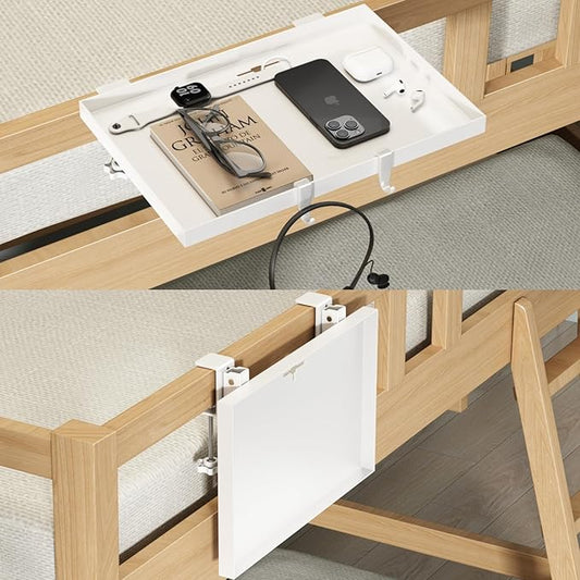 Magheo Bedside Shelf Foldable, Metal Clip-On Bunk Bed Table Shelf for Top Bunk Heavy Duty Bed Side Table Tray for College Dorm Room Essentials, Loft Nightstand Organizer Tray with 1 Cord Hole(White)