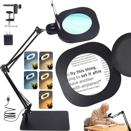LIONVISON 10X Magnifying Glass with Light and Stand：27 Inch Extra Long Arm Magnifying Lamp, Stepless Dimmable & Color Temperature LED Lighted Magnifier, Clamp Magnifier for Reading Crafts Close Work