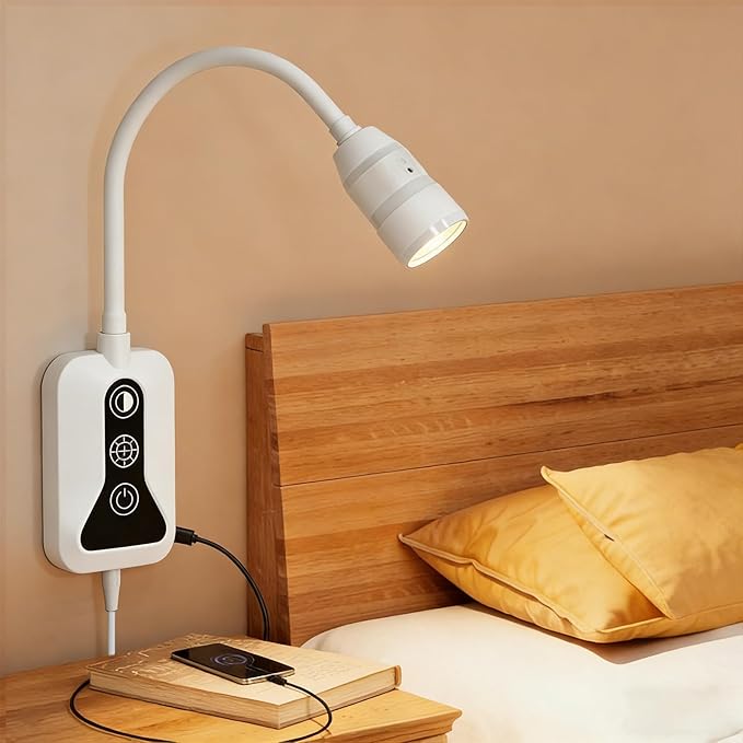 Wall Mounted Reading Light with Wave Sensor/Touch Switch, 5 Color & 5 Level Dimmable Touch Bed Lights for Reading with USB C Output, Eye-Care Reading Light for Bed,Heaboard, Dorm, Bedroom(White)