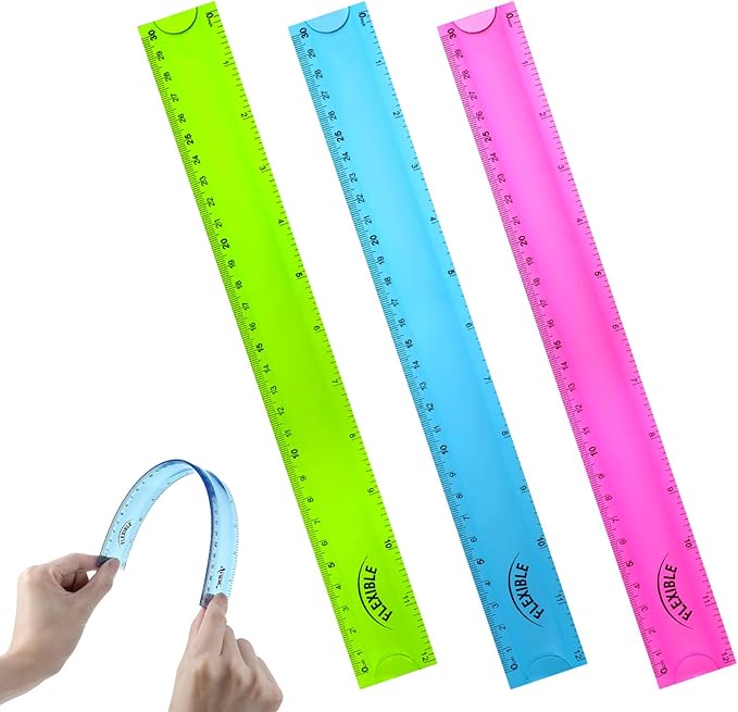 3Pcs Flexible Ruler, 12 Inch Clear Plastic Ruler Soft Bendable Rulers with Centimeters and Inches, for Kids and Adults School Classroom Office Supplies (Red, Green, Blue)