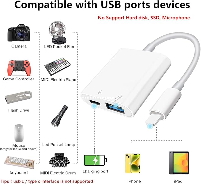 Lightning to USB Camera Adapter with Charging Port for iPhone Portable USB 3.0 Female OTG Cable for iPad to Connect Card Reader USB Flash Drive U Disk Microphone Keyboard Mouse Hubs Midi