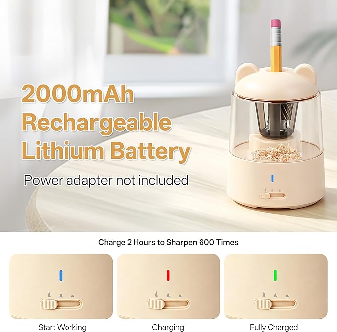 Electric Pencil Sharpener, Auto Stop Fast Sharpen in 3s, Battery Powered Pencil Sharpeners for No.2 & 6-8mm Colored Pencils, Cute Rechargeable Pencil Sharpener for Classroom/Office/Home (Pink)