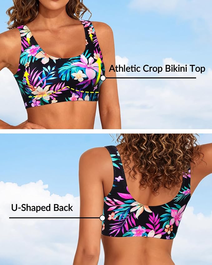Tempt Me Women Sports Bra Bikini Top Push Up Scoop Neck Bathing Suits Top Padded Swim Crop Tops Only