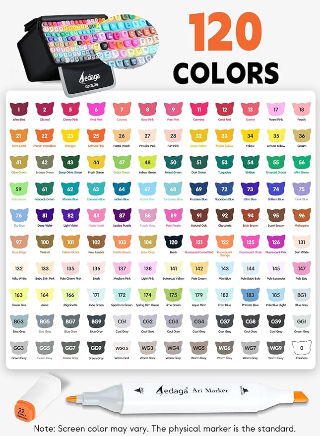 YHC 120 Colors Alcohol Markers with Free APP, Alcohol-Based Dual Chisel and Fine Tips Markers with Kickstand Case for Adult Coloring, Drawing, Painting and Sketching, Great Gift Idea for Artists