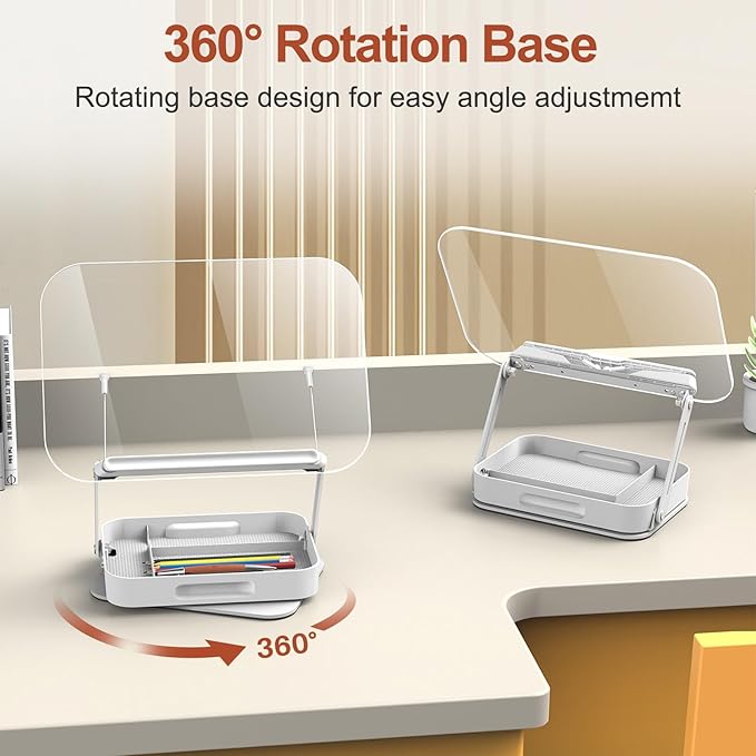 Acrylic Book Stand with Storage, Adjustable Book Holder for Reading with 360° Rotating Bases, Foldable Desktop Riser Stand, Elastic Clips for Cookbook Recipe Magazines Tablets, Laptops (Clear)