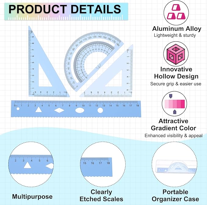 PATIKIL Geometry Set, 2 Pack 7 Inch Aluminum Ruler & 4 Triangles, Metal Protractor Ruler Math Drafting Measuring Tool for Home Office Math Drawing Engineering Art,Gradient Blue