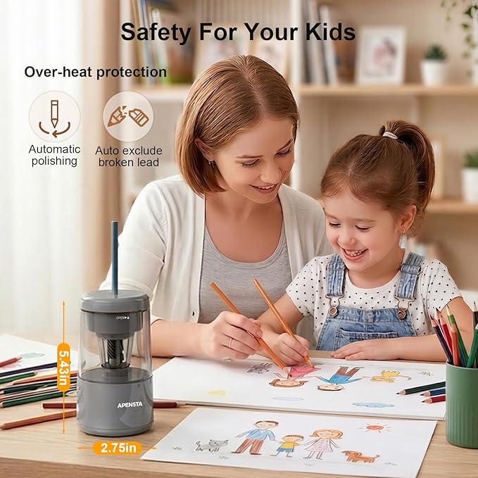 Electric Pencil Sharpener with Adjustable Tip Thickness, Auto Stop, Type-C Rechargeable, for Wooden, Colored Pencils (7–8mm), Portable Design for Home, Office & School, Gray