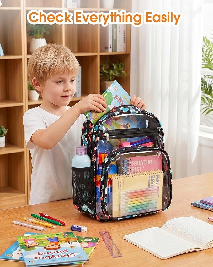 Soimeat Clear Backpack for Girls - Large Kids Clear Bookbag - Fabric & PVC Transparent Backpacks for Elementary School, Black Dinosaur