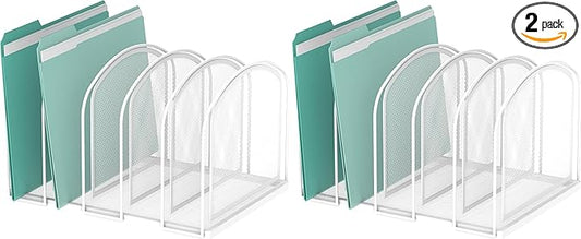 SUPEASY File Organizer 5-Section Mesh Desk Organizer, Upright File Organizer Desktop Organizer File Sorter, File Folder Holder for Office Supplies, White (Pack of 2)