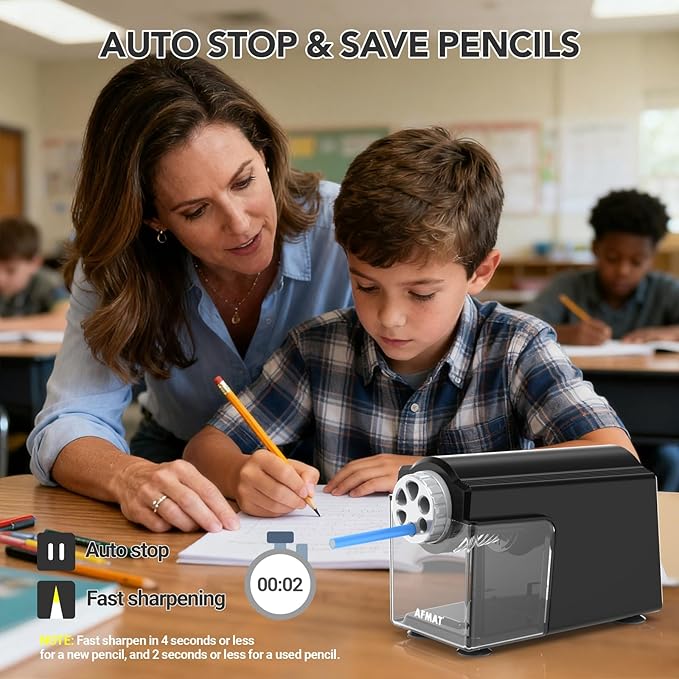 AFMAT Electric Pencil Sharpener for Classroom, 6 Holes, Cordless & Rechargeable, Super Fast, Auto Stop, 10K+ Uses, Heavy Duty Pencil Sharpener for 6-11mm No.2/Large/Colored Pencils PSD4(Black)