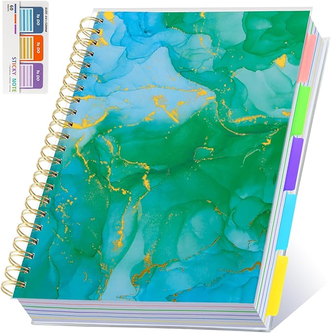 5 Subject Notebook for Work with Removable Dividers Tabs, Large 8.5" x 11 Spiral Lined Notebooks for School Note Taking & Organizer, A4 240 Pages College Ruled Journal for Women & Writing, Green