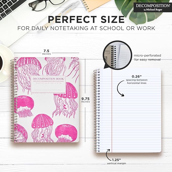 Decomposition Jellyfish College Ruled Spiral Notebook - 9.75 x 7.5 Journal with 160 Lined Pages - 100% Recycled Paper - Cute Notebooks for School Supplies, Home & Office - Made in USA