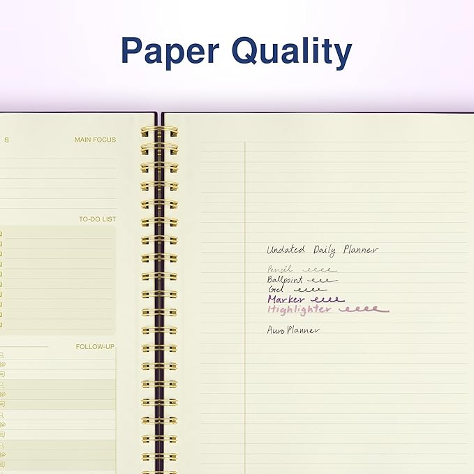 AUROPLANNER Undated Daily Planner To Do List Hourly Schedule 2027 2026 2025 Calendar & Holiday Habit Tracker 180 Pages Letter Size 8.5" x 11" Sheets Hardcover Spiral Bound Notebook (Purple Indigo)
