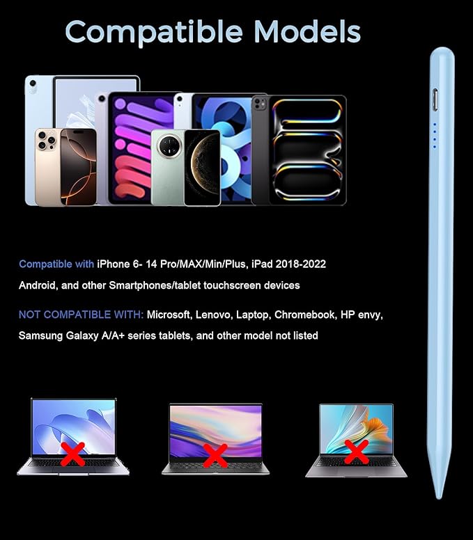 CMARS Active Stylus Pen for Touchscreen, Universal Tablet Pencil for Apple iPad/iPhone/Samsung/Huawei/Xiaomi/Android and More Devices, Rechargeable Digital Pen-Blue