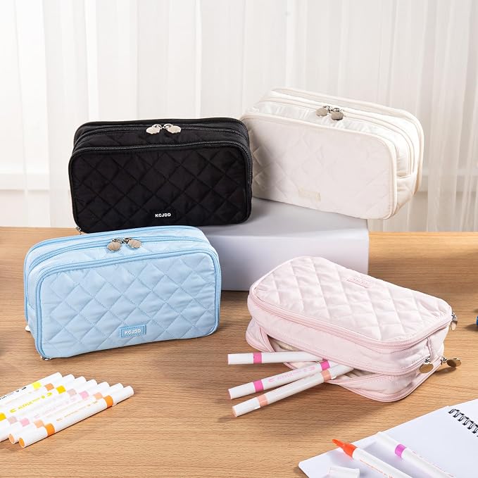 Cute Pencil Case for Girls kids Soft Quilted Pencil Pouch Bag Organizer | With 3 Compartments,Big Capacity Marker Crayon Storage Bag Large Double Zipper Art Bag For Kids School College Boys Women