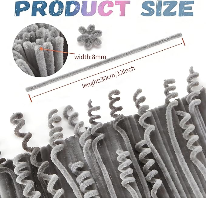 200PCS Gray Pipe Cleaners Craft Bulk,Arts Crafts,Sensory Toys,Chenille Stems Art Supplies for Projects Creative DIY Room Decor,Christmas Decorations,Fidget Toys for Ages 8-13,DIY Cute Grey Animals