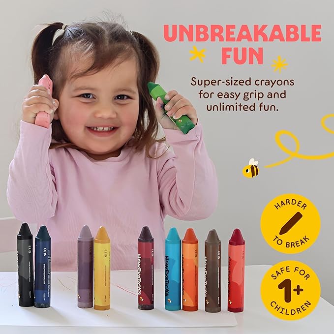 Honeysticks Super Jumbo Crayons (6 Pack) - 100% Pure Beeswax, Non Toxic Crayons for Toddlers 1-3, Extra Large Crayon Size, Easy to Hold and Use, Unbreakable Toddler Crayon, Eco-Friendly