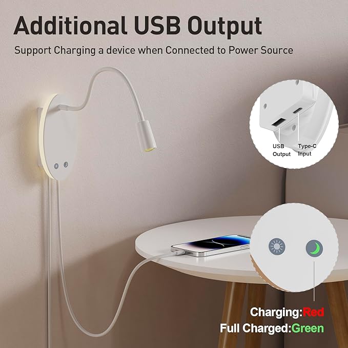 Rechargeable Wall-Mounted Reading Light for Bed - Cordless Bedside Lamp with 40H Battery, 3 Color Temperatures & Stepless Dimming, Eye-Care Night Light, USB Output, No Disturb to Partner(2pcs)