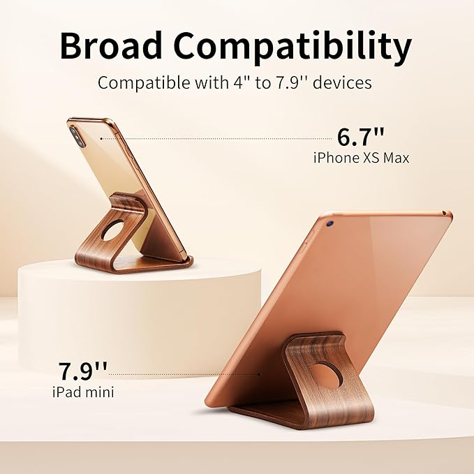 Cell Phone Stand for Desk - Portable Wood Phone Holder for Bed Compatible with iPhone 16 15 14 13 Pro Max 12 11 iPad mini, Smartphone, Wooden Office Aesthetic Desk Accessories