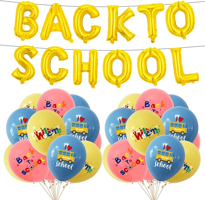 Back to School Balloons Decoration Kit, 16 Inch Gold Letter Balloon Banner, 12 Inch School Bus Printed Latex Balloons, Classroom Welcome Back Party Supplies for Students Teachers First Day of School