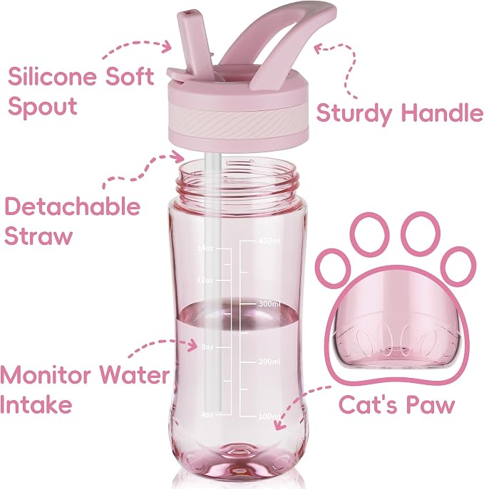 14oz Clear Kids Water Bottle with Straw Lid, BPA-Free Tritan, Measurement Scale, Sturdy Handle Wide Mouth Leak-proof Reusable Plastic Bottle for Boy& Girls, Back to School(Pink)