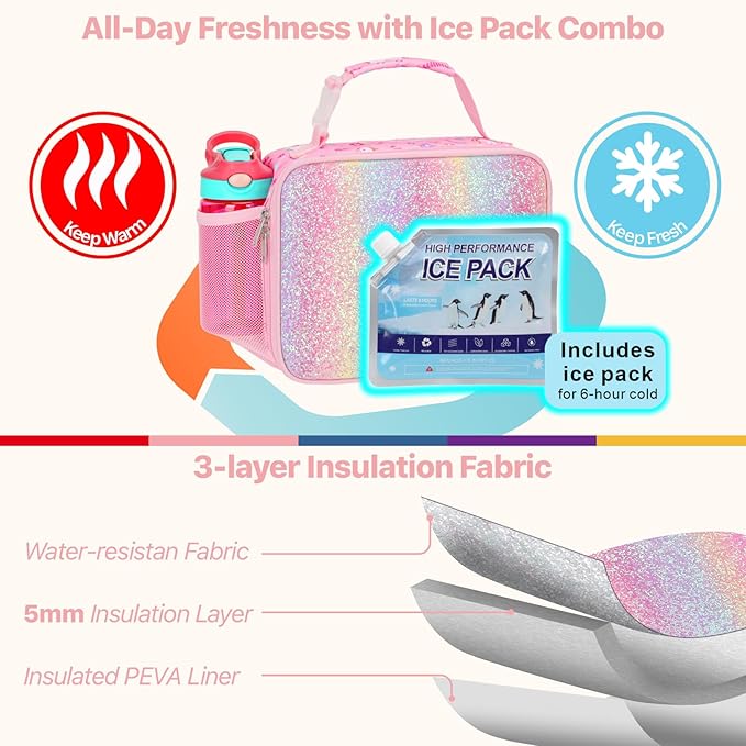 Bagseri Kids Lunch Bag with Ice Pack Included - Insulated Lunch Box for Girls Reusable Meal Tote for School & Travel, Glitter Pink Unicorn