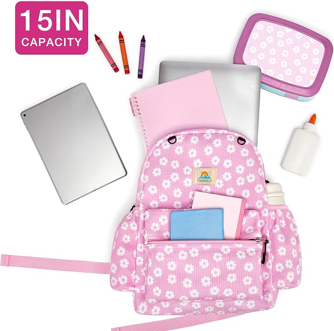 STEAMEDBUN Corduroy Kids Backpack for Girls and Boys 5-8: Girls Backpack for Elementary Kindergarten - 15 inch Cute Backpacks for Kids - Pink Daisy