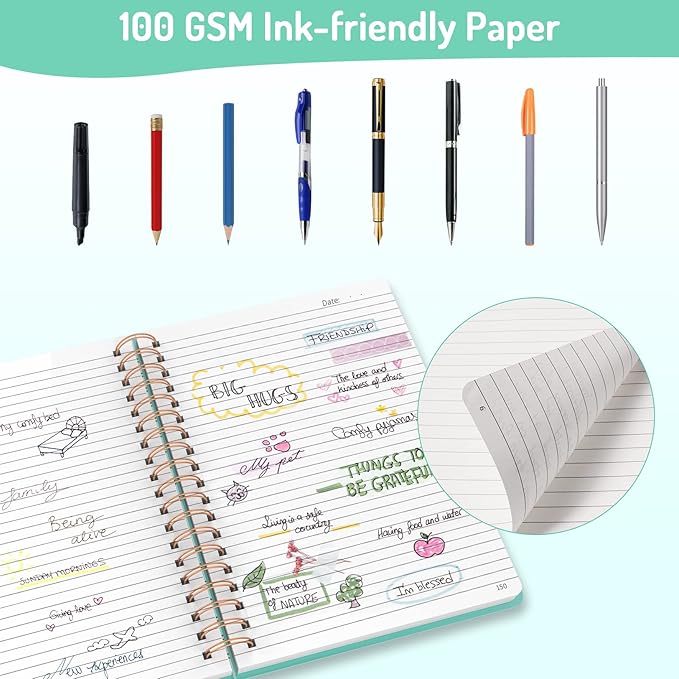 Forvencer Lined Spiral Journal Notebook with 300 Numbered Pages, B5 College Ruled Thick Journals for Writing with 100GSM Paper, Hardcover Notebooks with Contents for Work, School, Women, Men, Green
