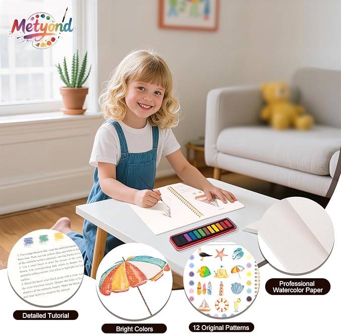 Metyond Beginner Watercolor Workbook Kit - Watercolor Painting Kit with 1 Workbook 12 Colors Paint Set with Brush, Beginner Friendly Watercolor Paint Set Gift for Adults Teens (Seaside)