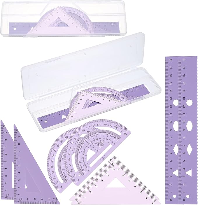 PATIKIL Geometry Set, 2 Pack 7 Inch Aluminum Ruler & 4 Triangles, Metal Protractor Ruler Math Drafting Measuring Tool for Home Office Math Drawing Engineering Art,Gradient Purple