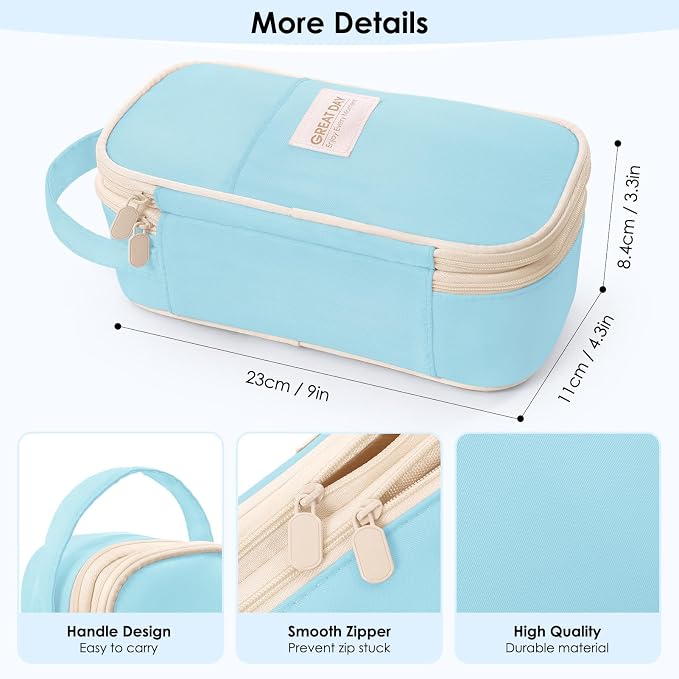 SKYDUE Light Blue Pencil Case for Girls & Boys - Aesthetic Pencil Bag with Multi-Compartment, Large Capacity Zippered Pencil Pouch for School Supply