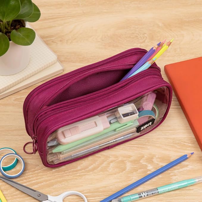 ZIPIT Half & Half Pencil Case for Girls, 3-Compartment Zipper Pouch | Clear-front pencil case for school, dedicated organizer panels, holds up to 70 pens & pencils, durable easy-care polyester