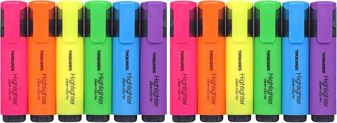 TWOHANDS Highlighters,Chisel Tip Marker Pens,6 Assorted Colors,with Large Ink Reservoir for Extra Long Marking 20062 (Pack of 2)