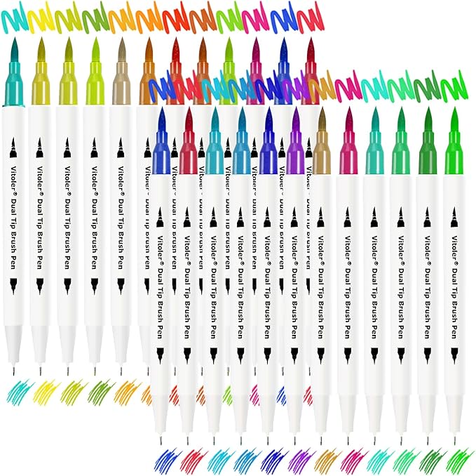 Vitoler Colored Markers Highlighters Dual Tip Brush Pens,Fine Tip Markers & Fine Point Art Pens for Adult Coloring Drawing Planner Art Craft Supplies (24 Brush Pens Set)