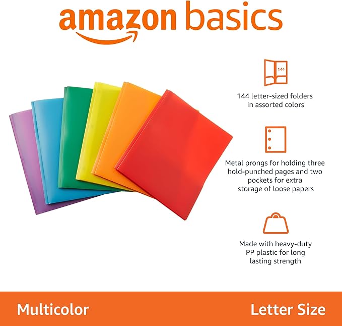Amazon Basics Heavy Duty Plastic 2 Pocket Folder for Documents, Letter Size Paper, Assorted Colors, Pack of 144