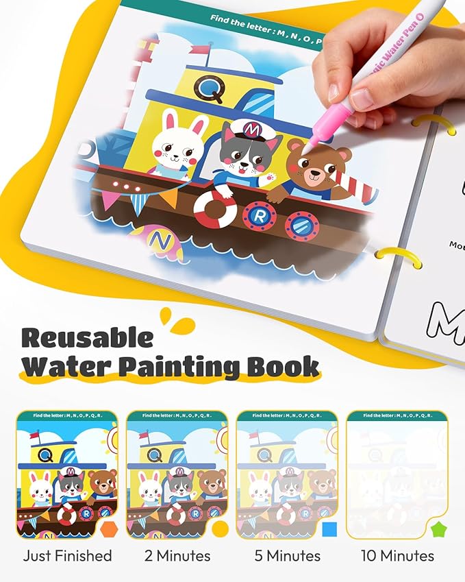 JUPITEARTH Mess Free Coloring Book, Reusable Water Painting Book with 2 Refillable Water Pens 28 Pages, Travel Airplane Road Trip Activity for Toddlers