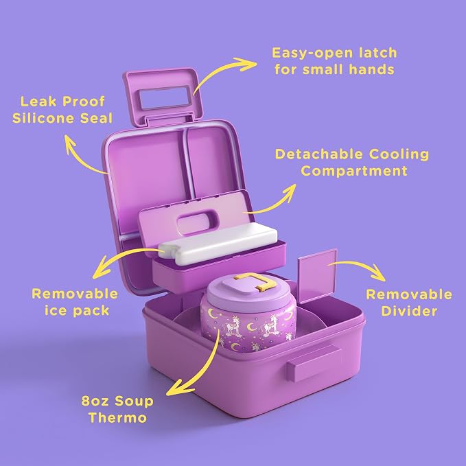 JXXM Bento Lunch Box for Kids With 8oz Soup thermo,Leak-proof Lunch Containers with 5 Compartment,thermo Food Jar and Lunch Bag, Food Containers for School (Purple Unicorn)