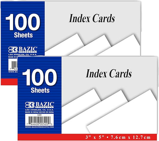 BAZIC Products Blank Index Cards 3" X 5" 200 Count, White Unruled Flashcards, Flash Card for Learning Memory Reminder (100/Pack), 2-Pack