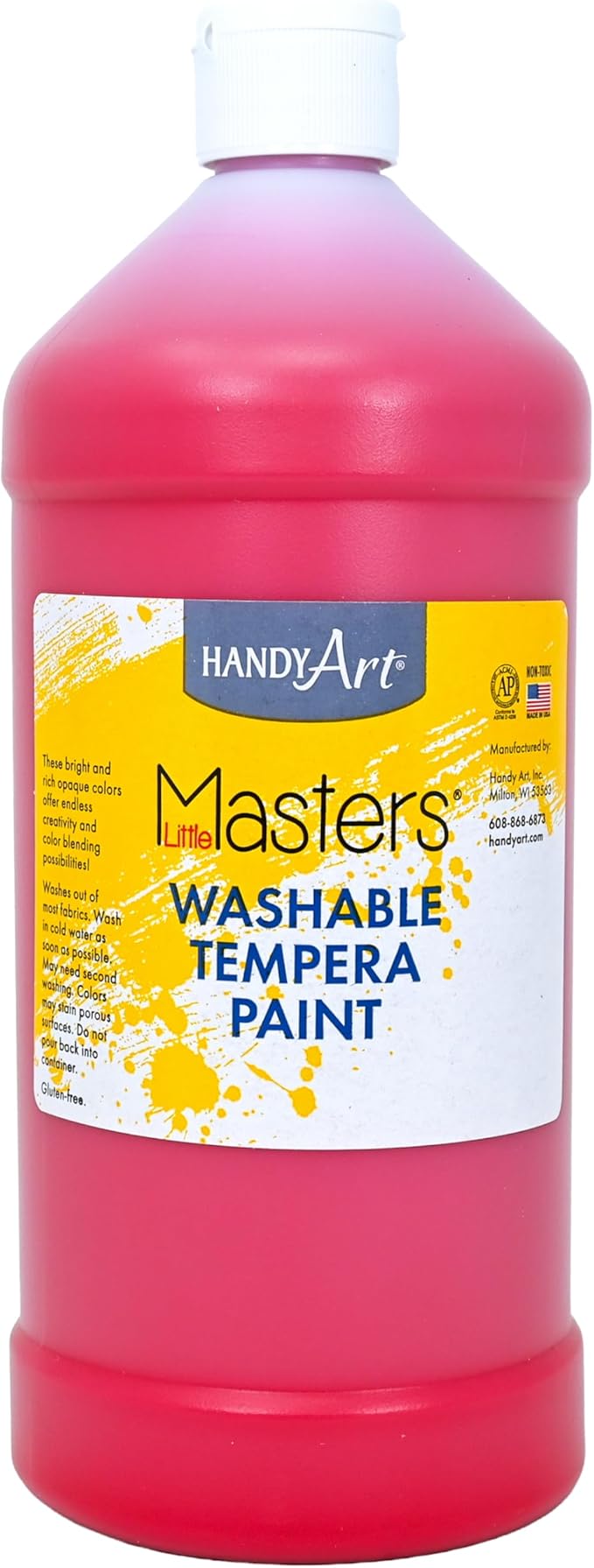 Handy Art Little Masters Washable Tempera Paint, Red, 32 oz Bottle, Bright & Mixable, High Opacity, Washable Colors for Classroom, Students, Kids, Young Artists, Safe & Non-Toxic, Made in USA
