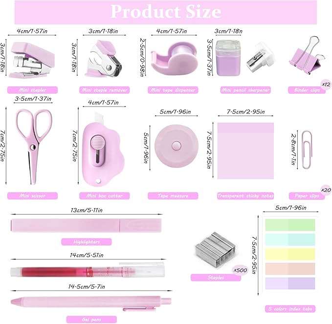 Mini School Supplies Kit, Pink Stapler with Staples and Tape Dispenser Set, Mini Stationary Set Includes Sticky Notes Index Tabs Highlighters Gel Pens for Office & Back to School Supplies