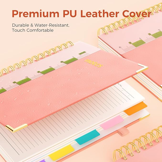 B5 Hardcover Spiral Notebook, 8"x10" College Ruled Notebooks with Removable Dividers Tabs & Ruler, 5 Subject Notebook 300 Pages, Large Lined Journal for Women Men School Work Office, Pink