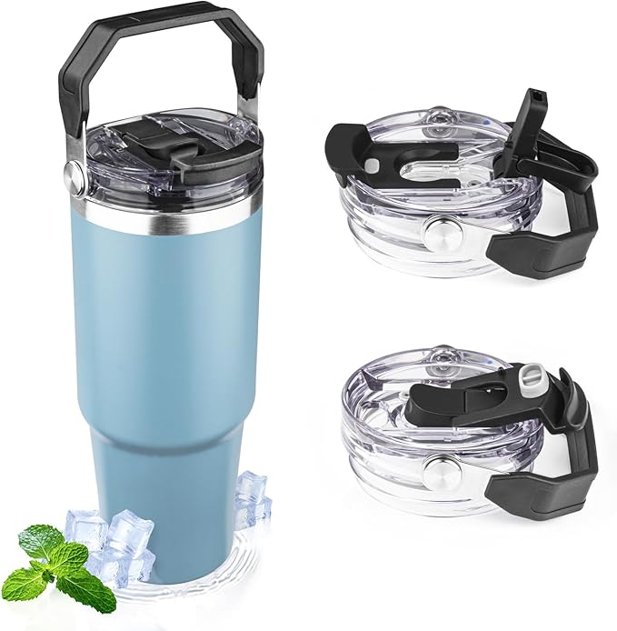 30oz Tumbler with Handle and Flip Straw Lid Double Wall Insulated Travel Coffee Mug Stainless Steel Vacuum Insulated Coffee Tumbler Cup for Hot and Cold Beverages,Leak-proof (30oz,Glacier blue)