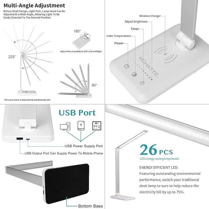 LED Desk Lamp with Wireless Charger, USB Charging Port, Dimmable Eye-Caring Desk Light with 5 Brightness Levels & 5 Lighting Modes, Touch Control, Auto Timer (White)
