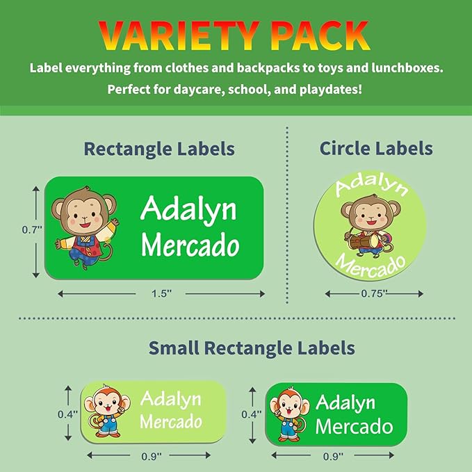 Custom Personalized Name Labels for Kids-(200-1000Labels) Waterproof Name Stickers Tags for School&Daycare,Clothing Tags,Washable&Durable Labels for Lunch Boxes, Bottles,Toys&GEA (Monkey)