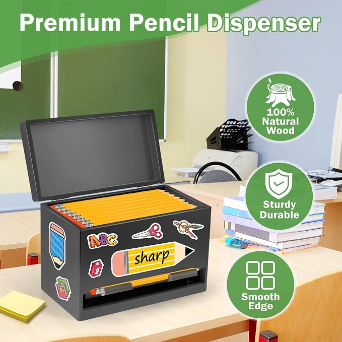 Aigybobo Pencil Dispenser for Classroom, Wooden Desk Pencil Holder, Black | Teacher Must Haves, Classroom Organization, Wooden Dispenser for Pencils or Straws, for Offices, Kitchens, Restaurants