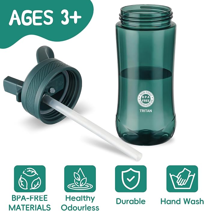 14oz Clear Kids Water Bottle with Straw Lid, BPA-Free Tritan, Measurement Scale, Sturdy Handle Wide Mouth Leak-proof Reusable Plastic Bottle for Boy& Girls, Back to School(Dark Green)