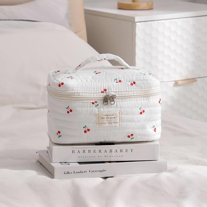 uekeboag Large Travel Quilted Makeup Bag for Women | Soft Floral Cotton Cosmetic Bag, Foldable Coquette Aesthetic Toiletry Organizer